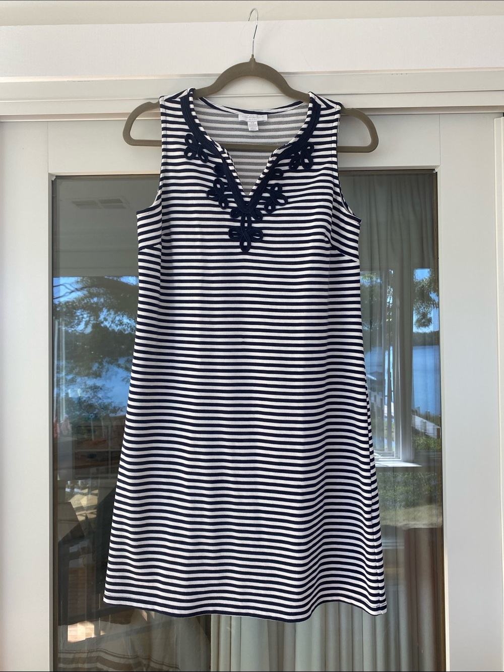 Charter Club Navy and White Striped Sleeveless V-Neck Dress